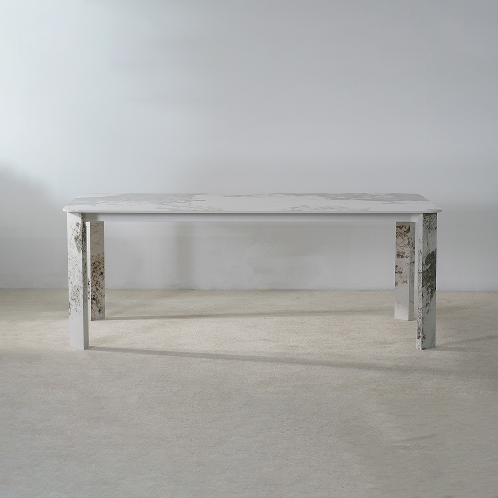 Mesa de comedor rectangular de losa de roca blanca al aire libre 