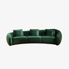 Sofá moderno de terciopelo curvo de tres plazas, color verde oscuro, con almohadas para sala de estar