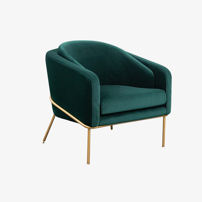 Sillón tapizado de terciopelo verde contemporáneo con patas doradas