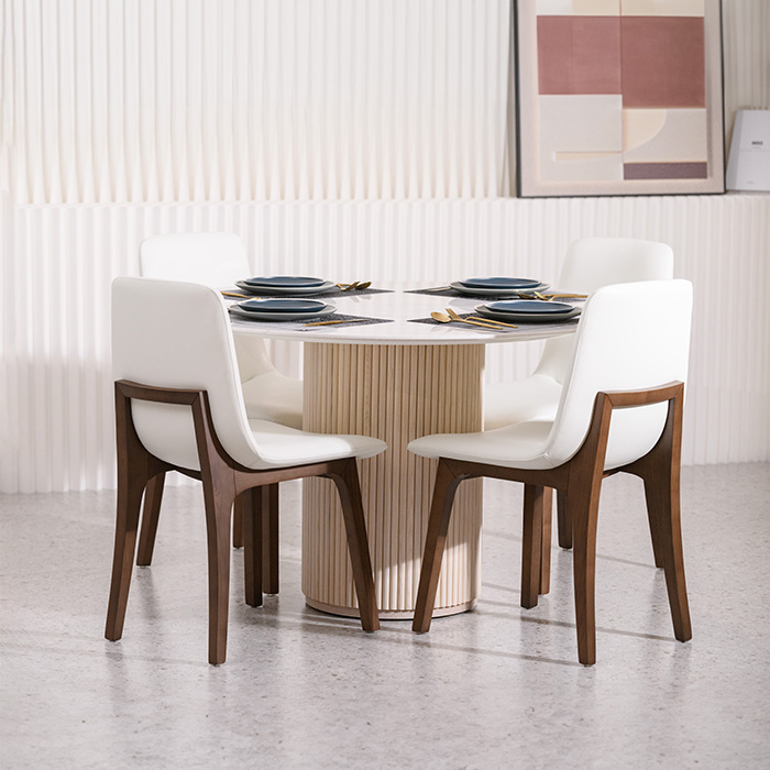 Mesa de comedor redonda con tapa de mármol moderna y base de pedestal de madera para cocina y comedor