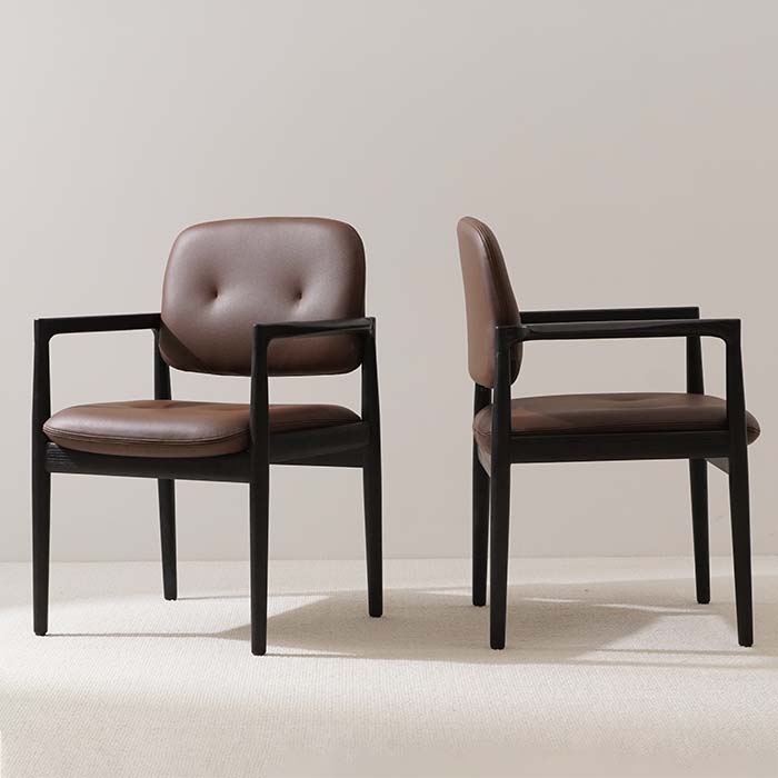 Silla decorativa con respaldo abierto tapizada en cuero marrón moderno, sillones de comedor 