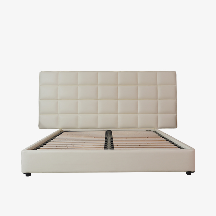 Marco de cama king size de cuero blanco minimalista moderno con cabecera