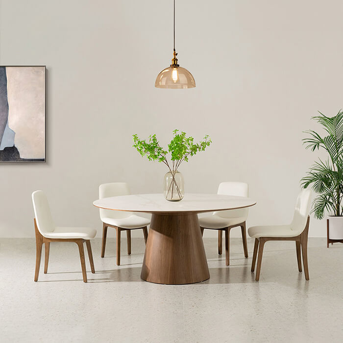 Mesa de comedor redonda moderna de mediados de siglo con tapa de mármol y base de chapa de nogal para comedor