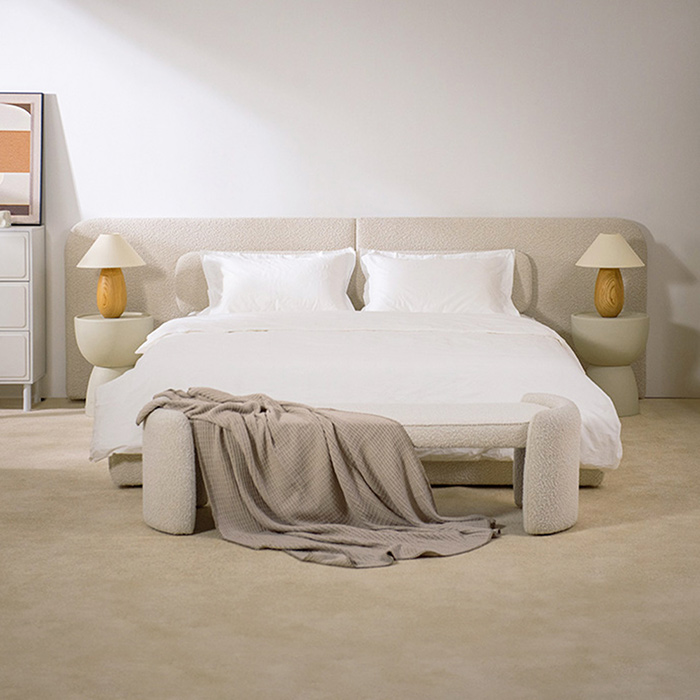 Cama tamaño king de lujo moderna con estructura de madera y cabecera de tejido polar Teddy 