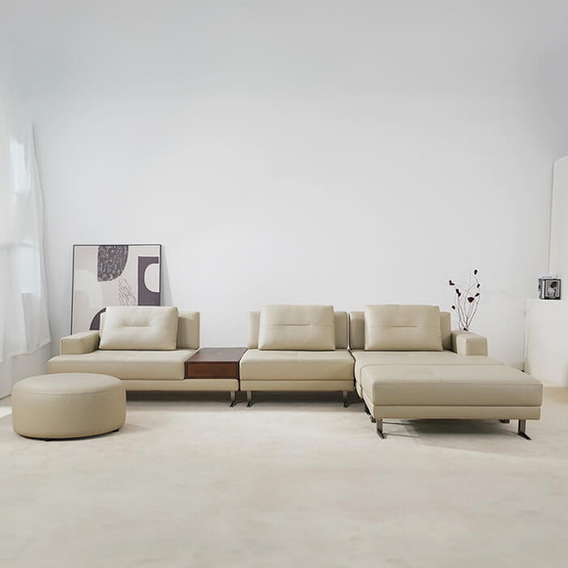 Sofá Chaise modular seccional de cuero en forma de L de lujo con otomana para sala de estar