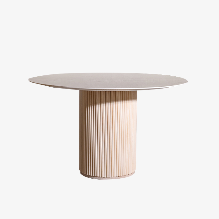 Mesa de comedor redonda con tapa de mármol moderna y base de pedestal de madera para cocina y comedor