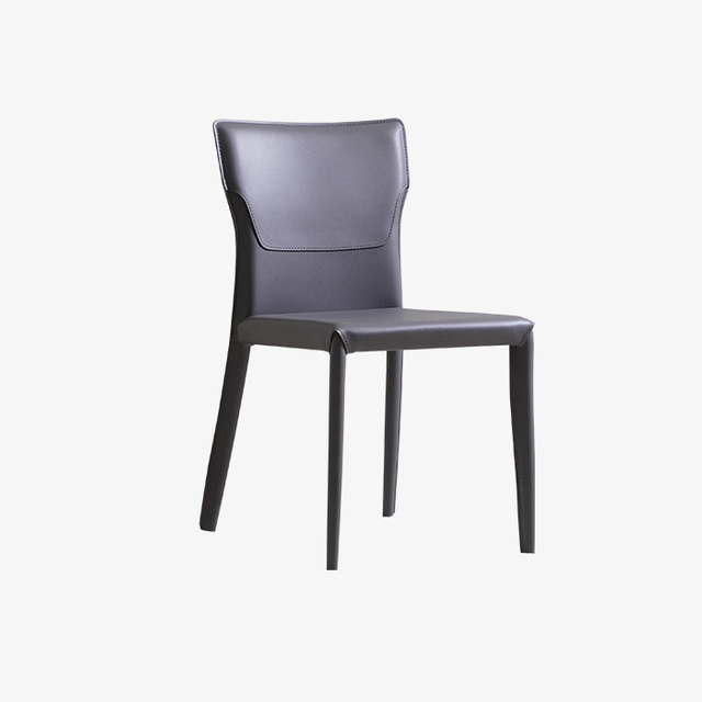 Silla de comedor sin brazos tapizada en cuero azul minimalista con patas de metal