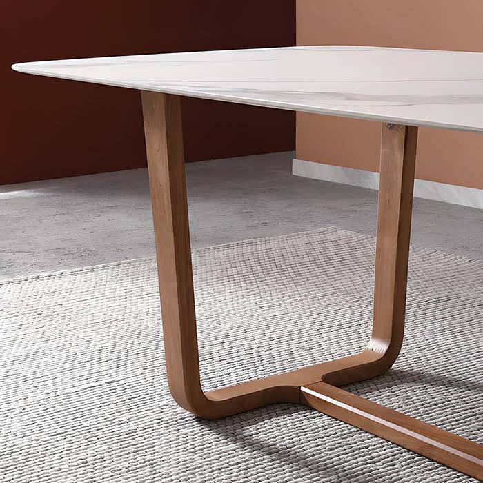 Mesa de comedor rectangular moderna de mármol con base de caballete para comedor 