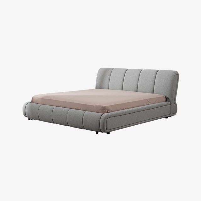 Cama con plataforma tapizada moderna en gris con estructura de madera