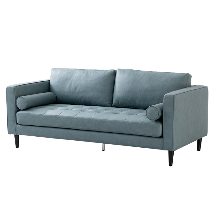 Sofá de 2 asientos de cuero moderno azul con almohadas para sala de estar