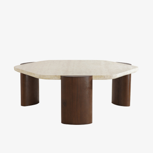 Mesa de centro de travertino natural con patas de madera de nogal