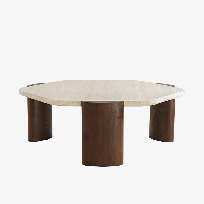 Mesa de centro de travertino natural con patas de madera de nogal