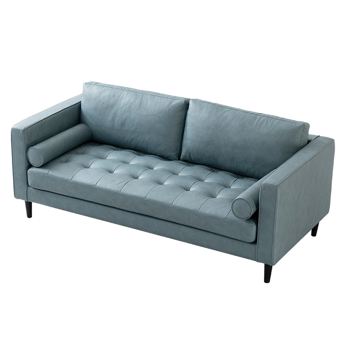 Sofá de 2 asientos de cuero moderno azul con almohadas para sala de estar