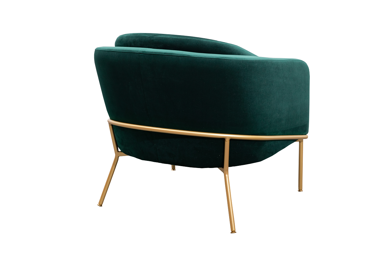 Sillón tapizado de terciopelo verde contemporáneo con patas doradas