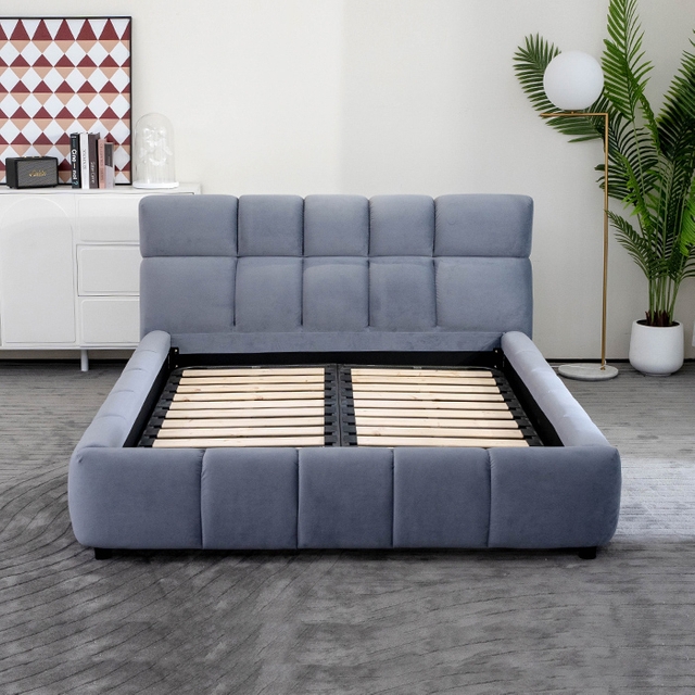 Cama de plataforma tapizada con cama doble de bloque de terciopelo